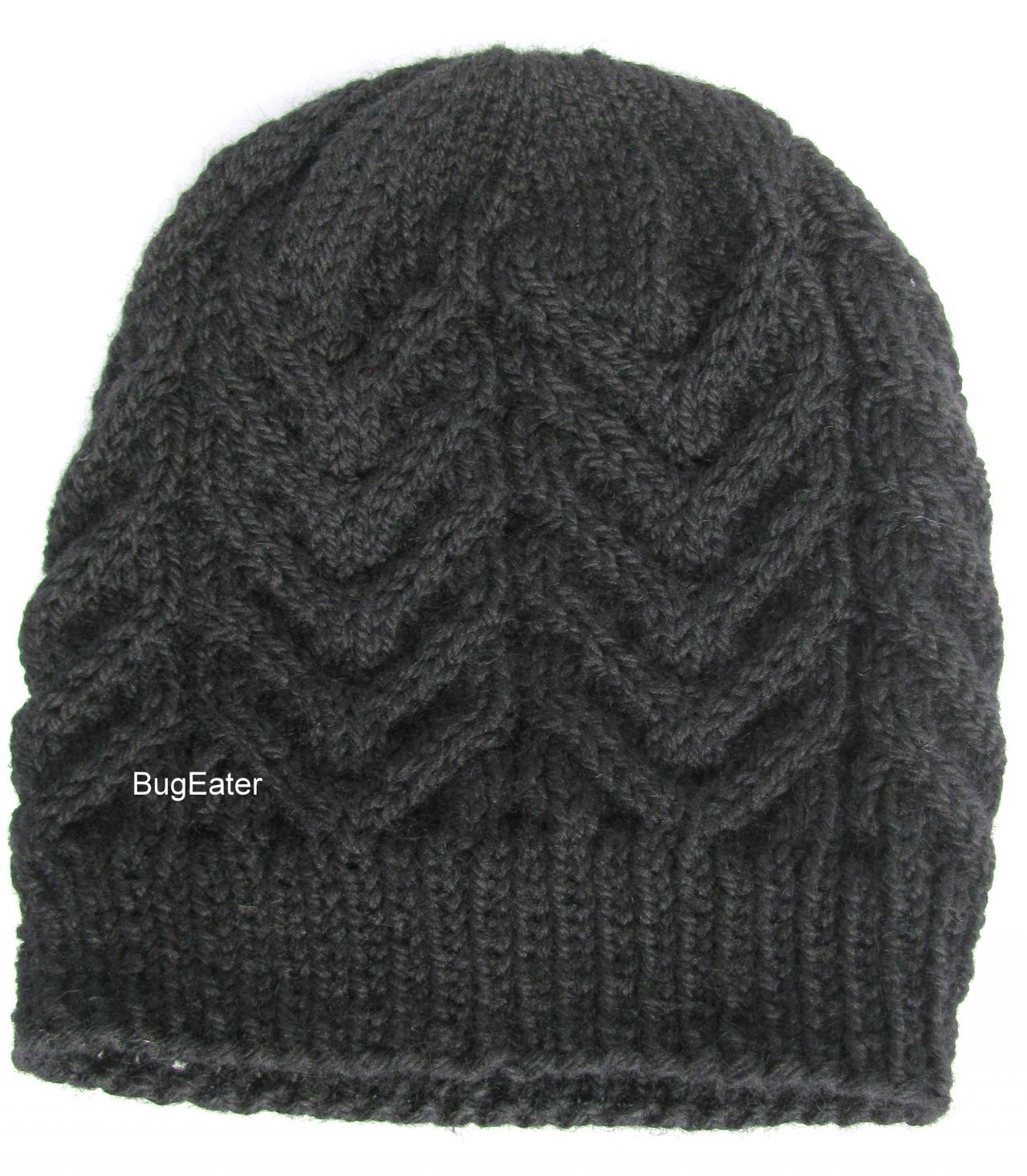 Black Wool Hat, Cable Knit Hat, Hand Knit Wool Hat