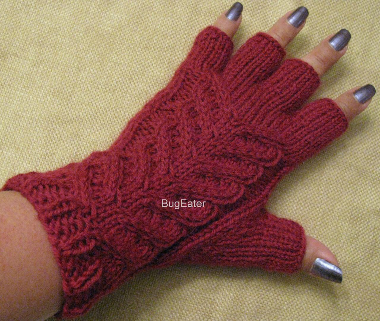 Wool Cabled Gloves, Hand Knit Fingerless Gloves, Claret Gloves