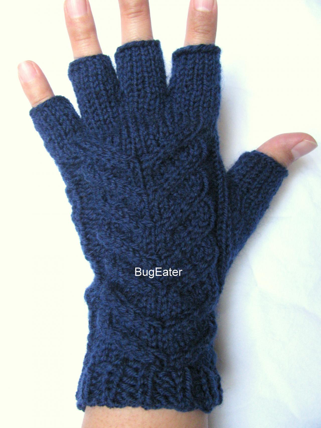 Women's Fingerless Gloves, Navy Gloves, Cable Knit Gloves, Wool Fingerless Gloves